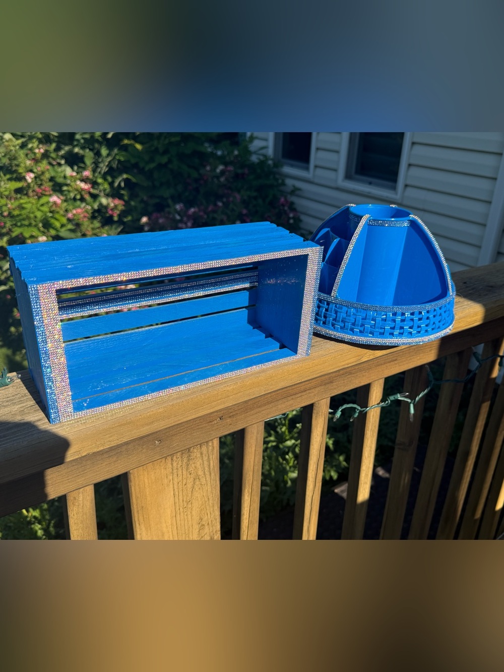 Blue Rotating Desk Organizer & wood shelf-with Rhinestone Trim